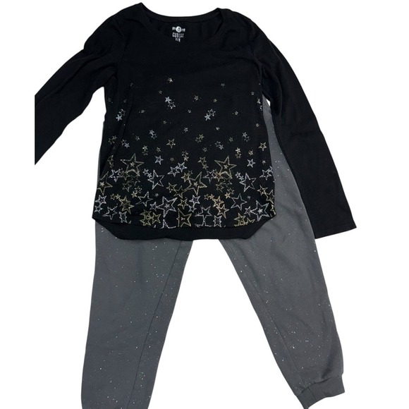 Girls Outfit Set Size 10 Black Star Long Sleeve Tee W/Gray Glitter Jogger Pants - Picture 1 of 12